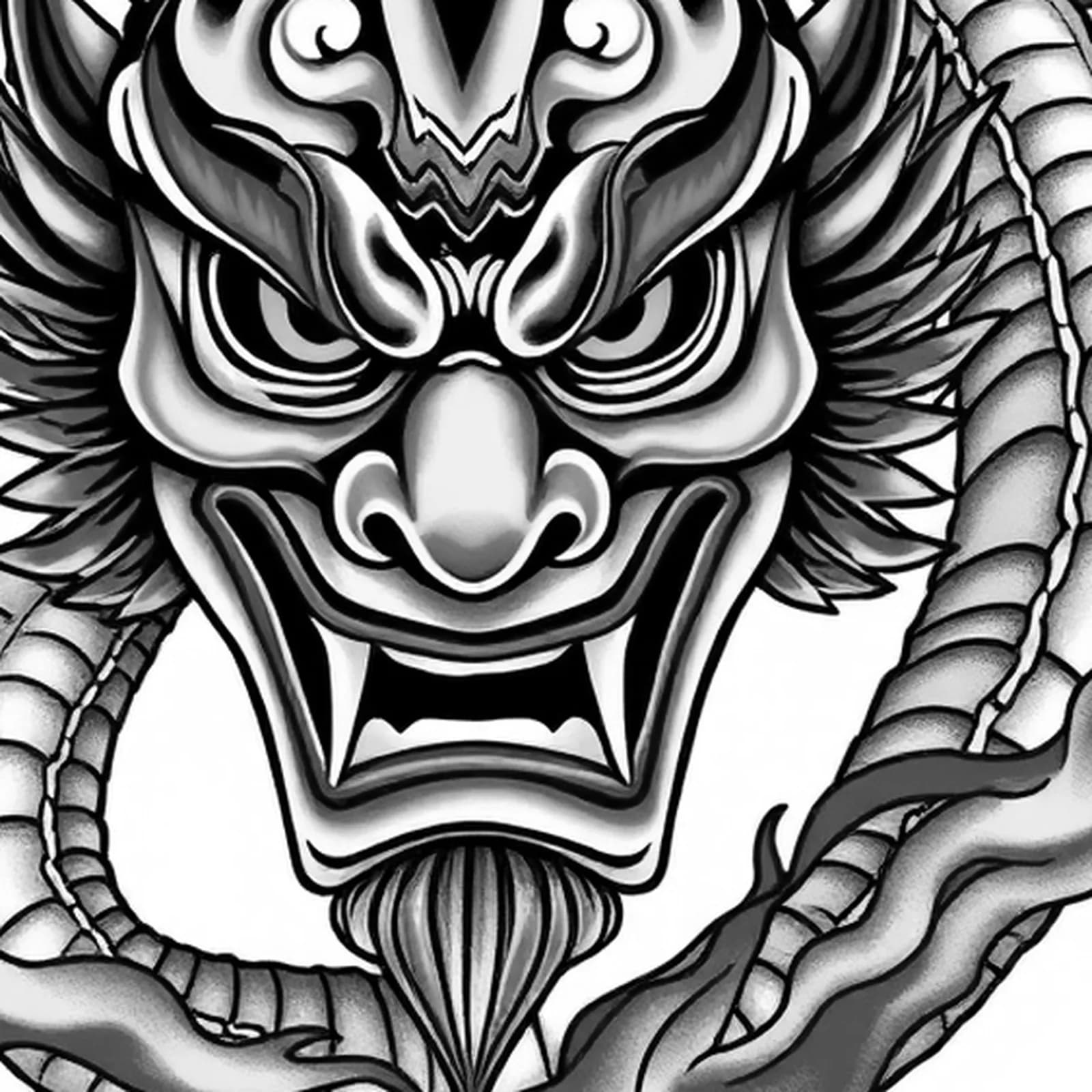 Hannya Mask and Dragon tattoo design, close-up detail