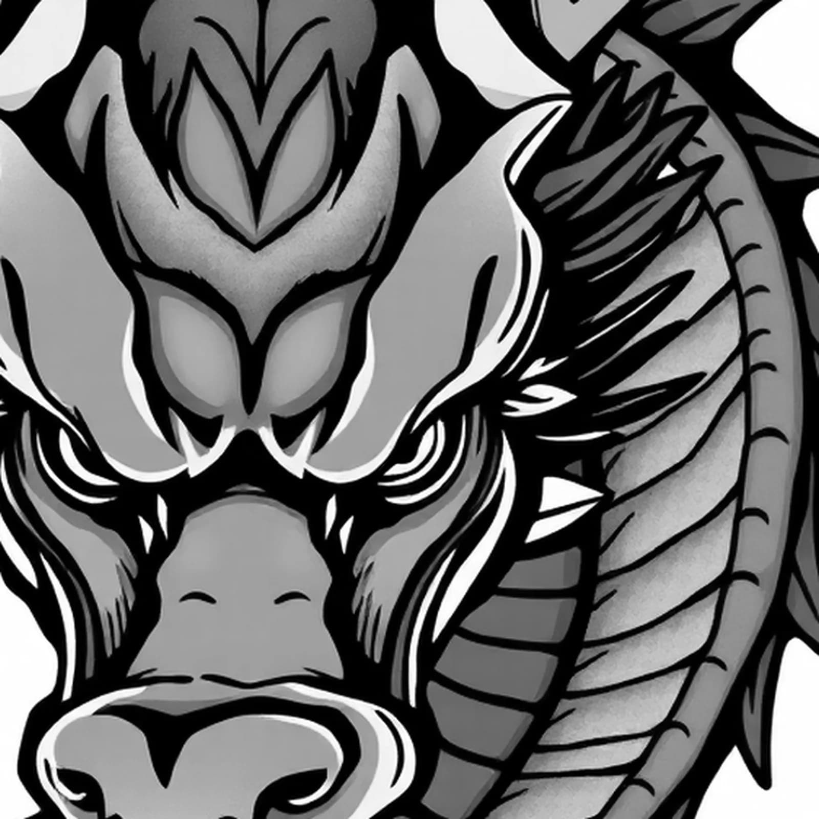 Neo Traditional Dragon Head tattoo design, close-up detail