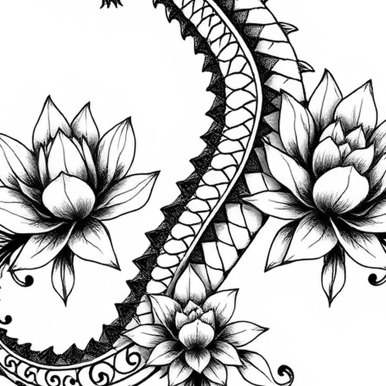 Spine Dragon with Lotus tattoo design, close-up detail
