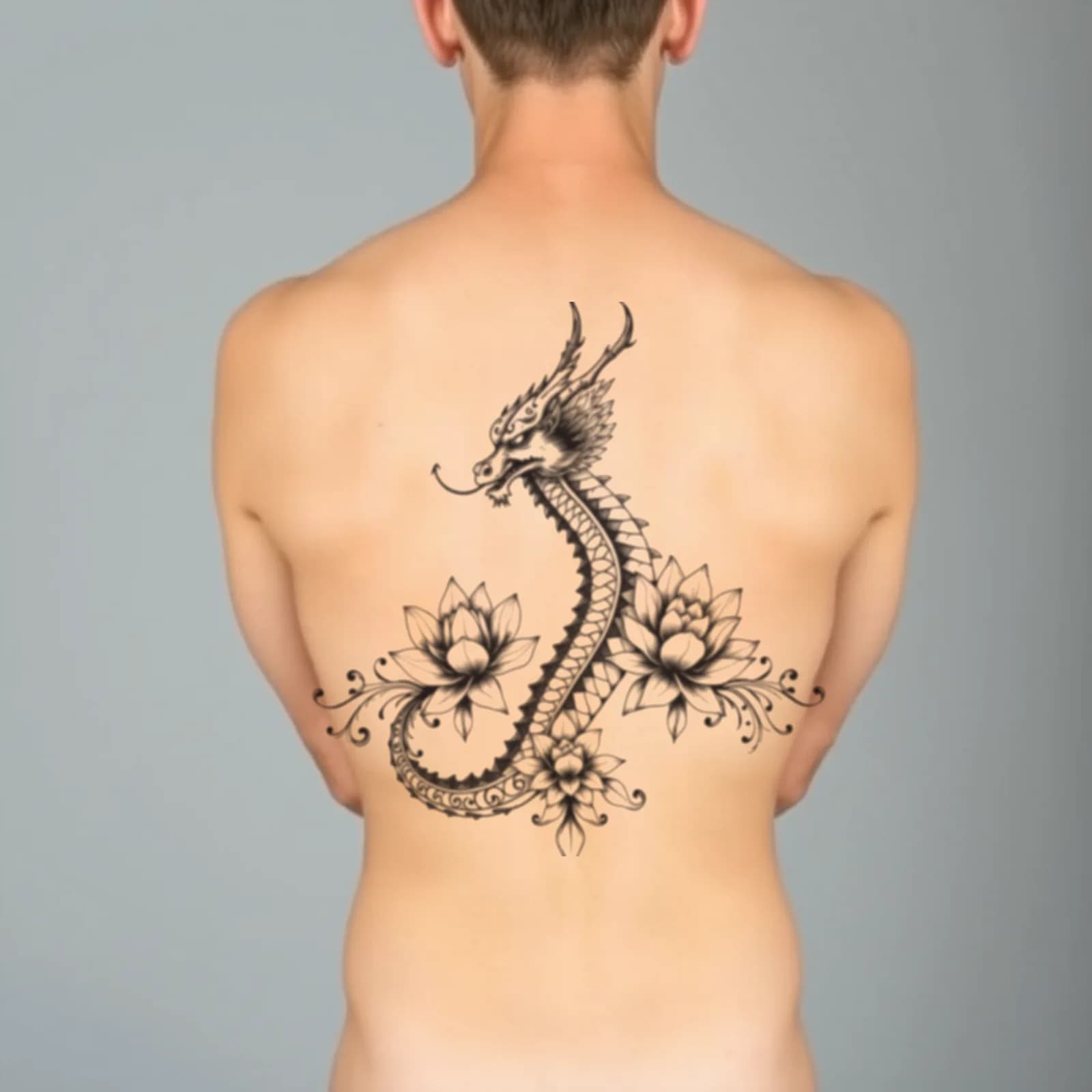 Spine Dragon with Lotus tattoo shown on the spine