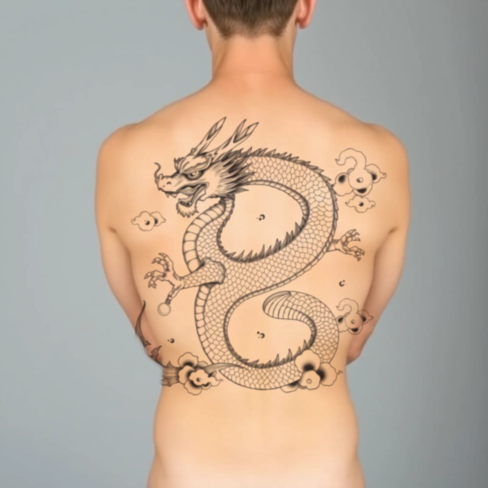 Chinese Celestial Dragon Full Back tattoo shown on the full back