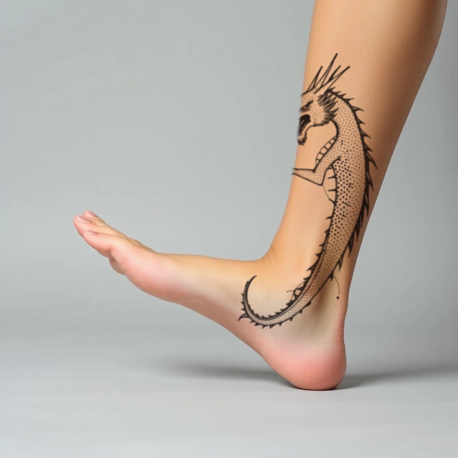 Dotwork Dragon Calf tattoo shown on the calf
