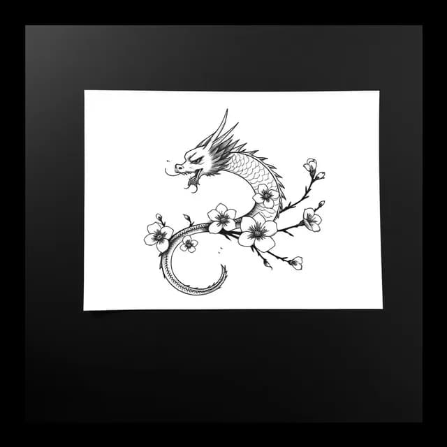 Dragon and Cherry Blossom Branch tattoo design