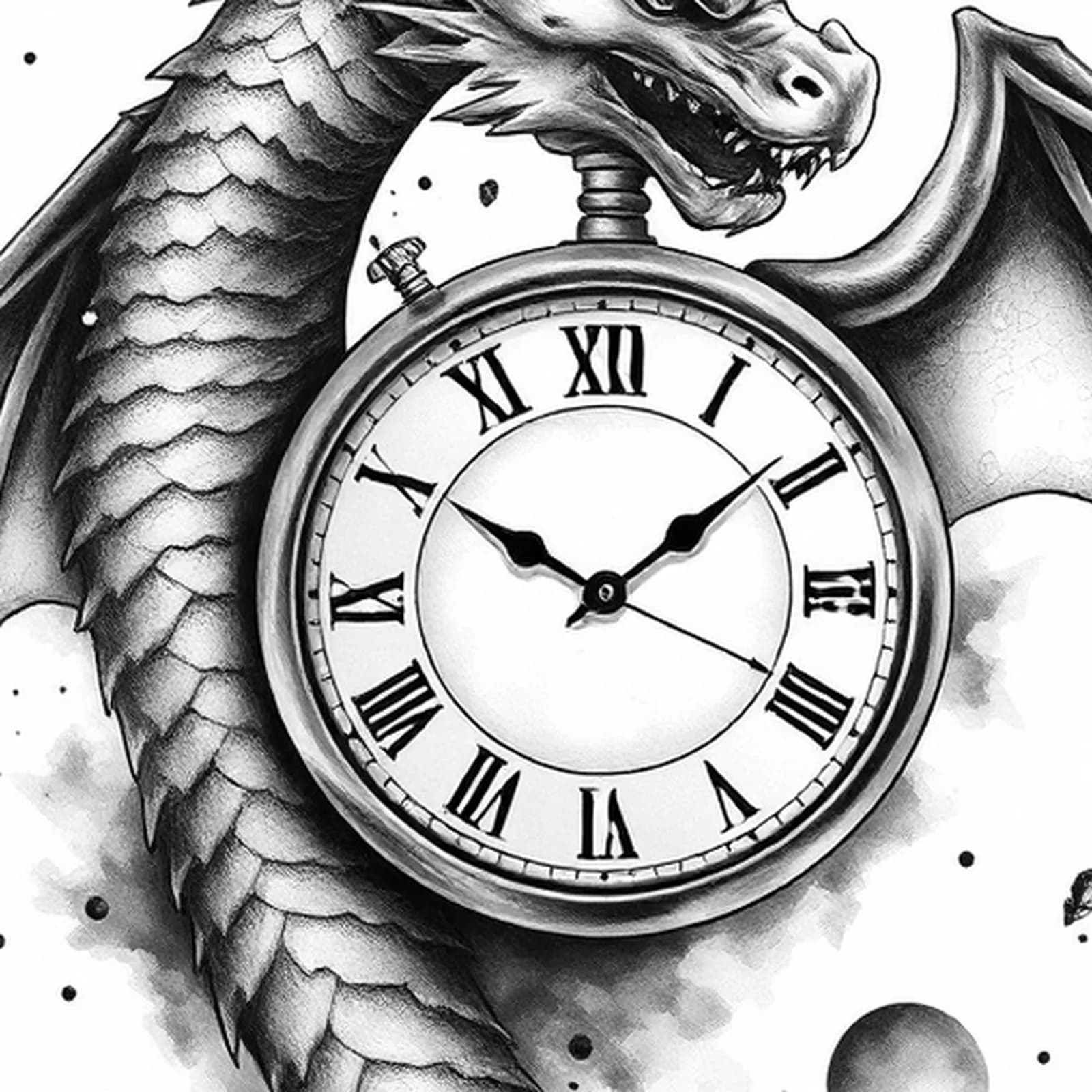 Dragon and Clock tattoo design, close-up detail