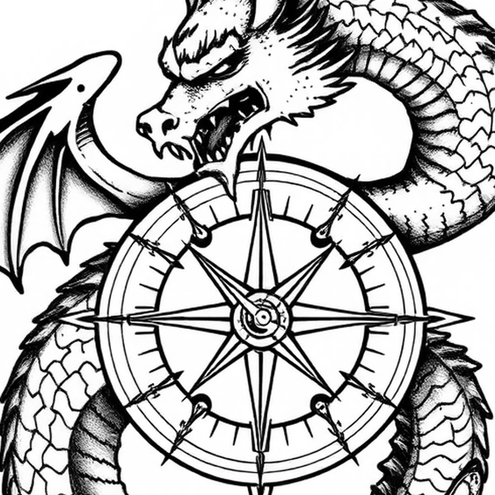 Dragon and Compass tattoo design, close-up detail