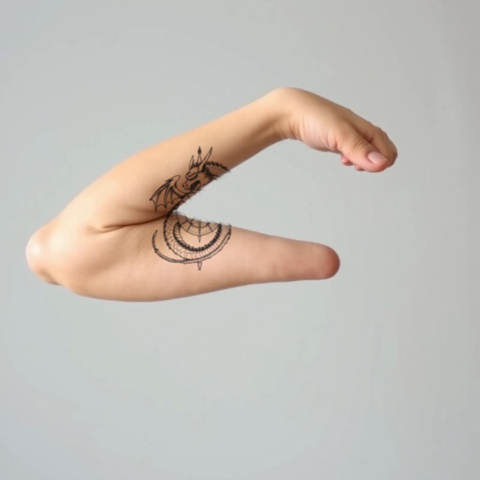 Dragon and Compass tattoo shown on the upper arm