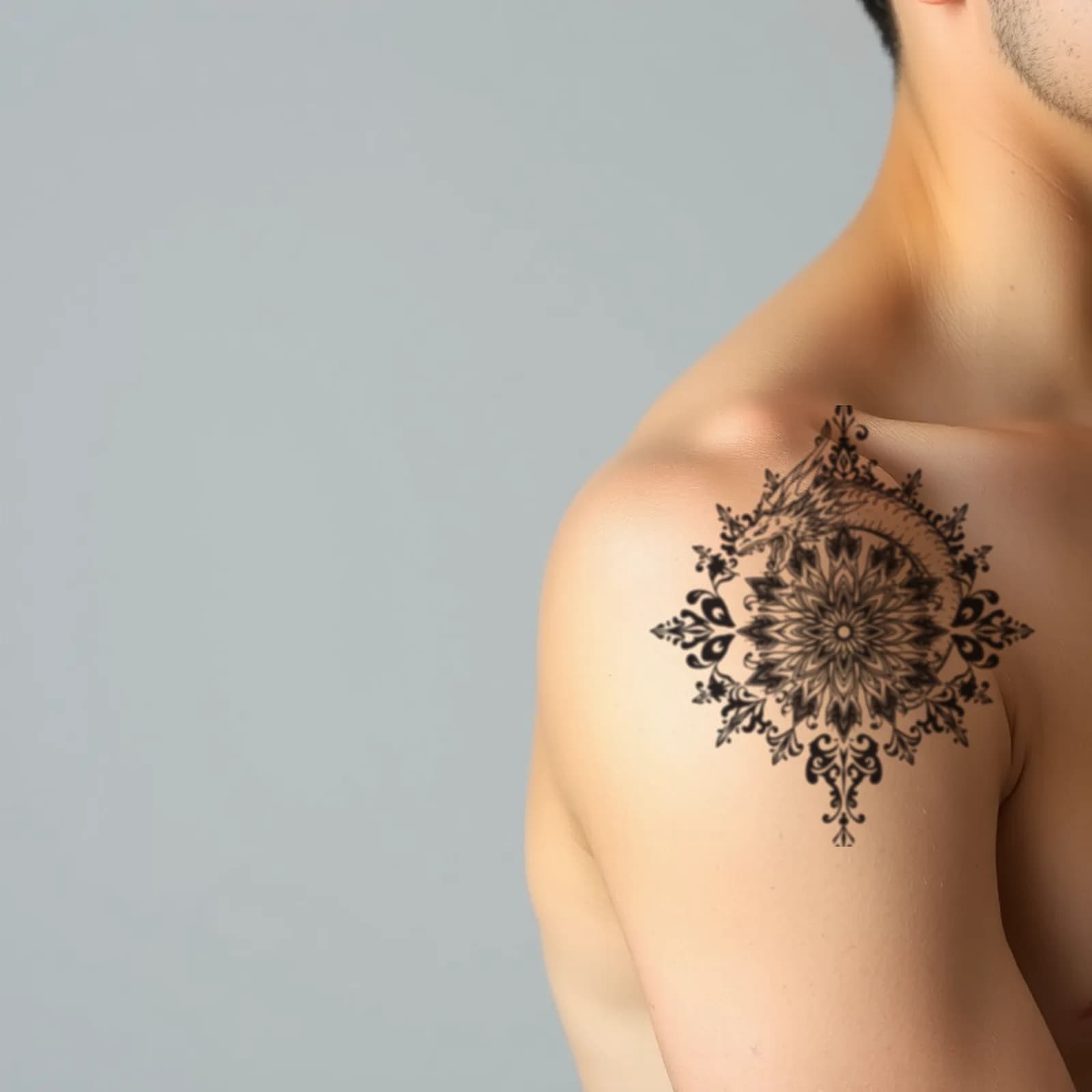 Dragon and Mandala Shoulder tattoo shown on the shoulder