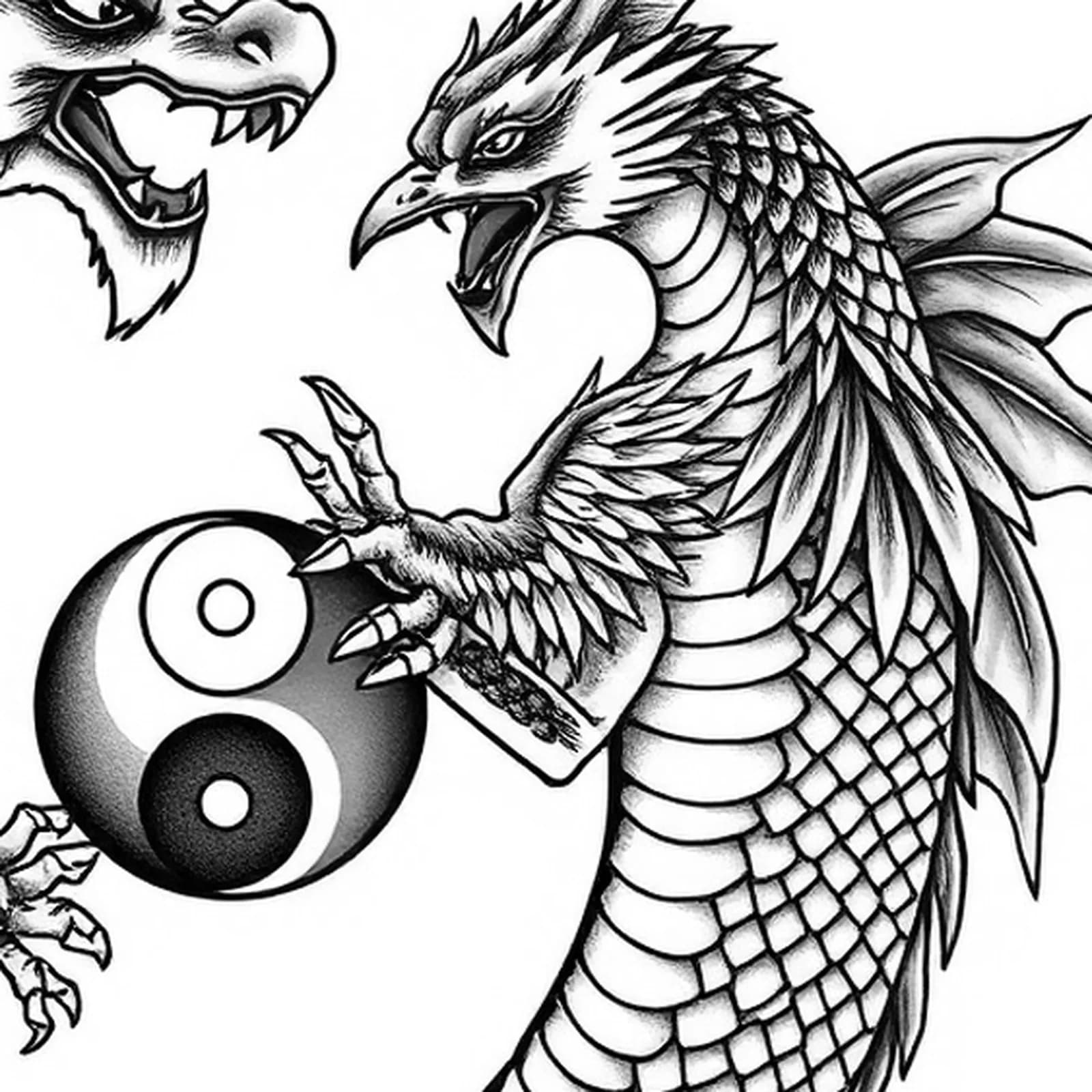 Dragon and Phoenix Pair tattoo design, close-up detail