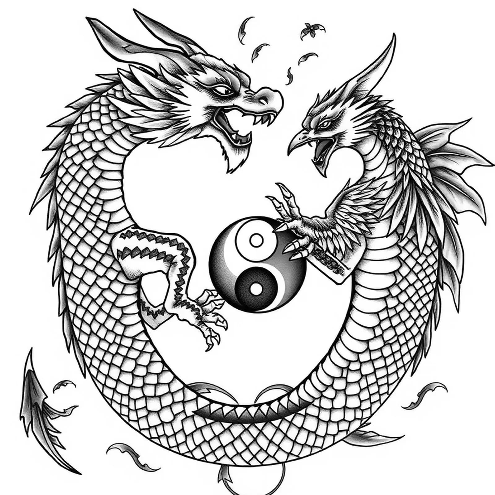 Dragon and Phoenix Pair tattoo design