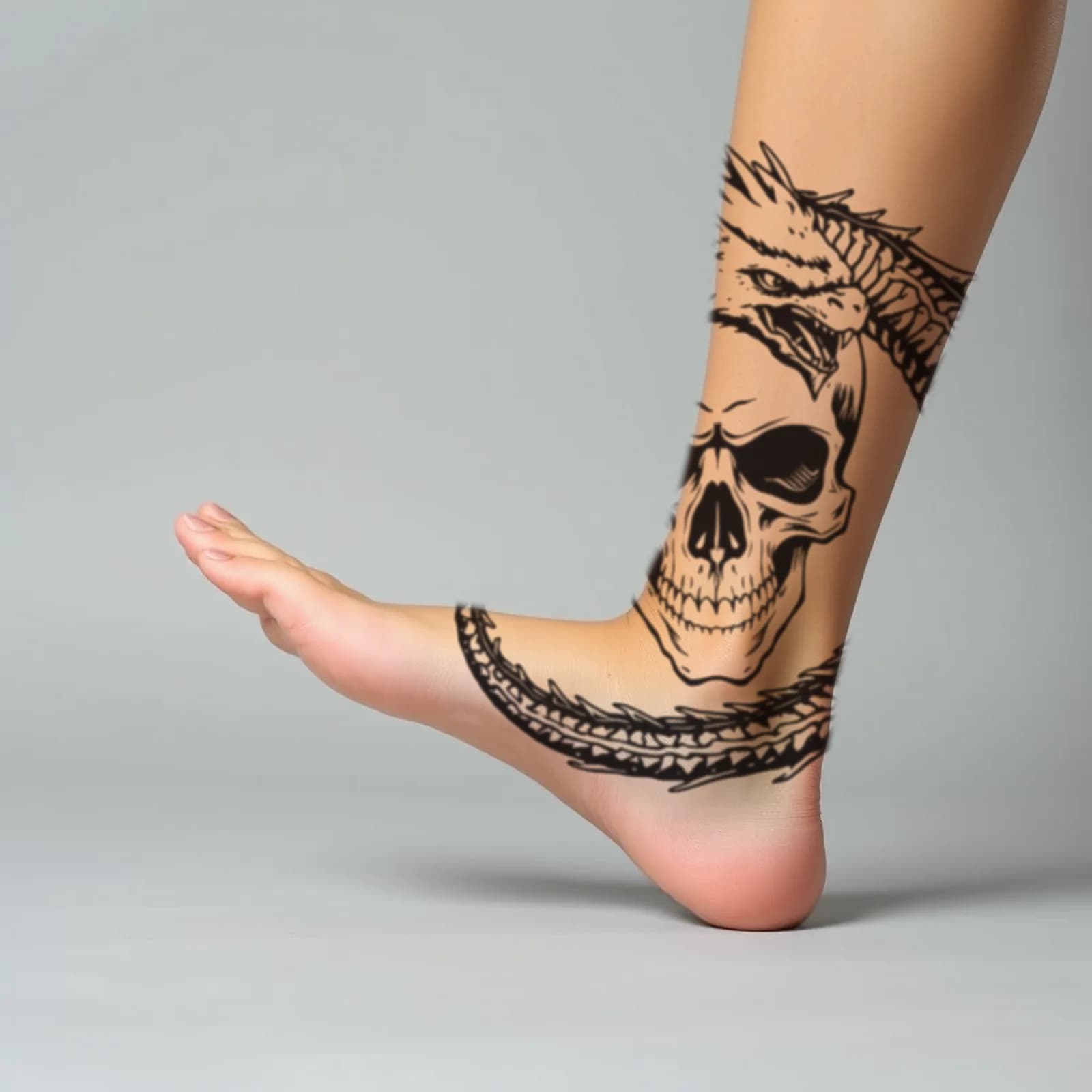 Dragon Coiled Around Skull tattoo shown on the calf
