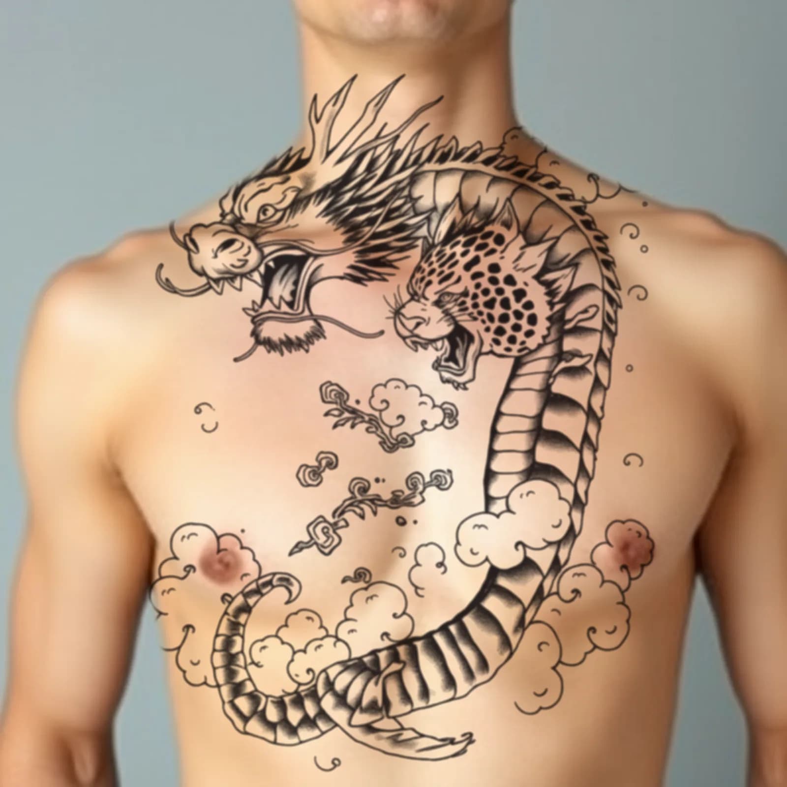 Dragon versus Tiger Chest Piece tattoo shown on the chest