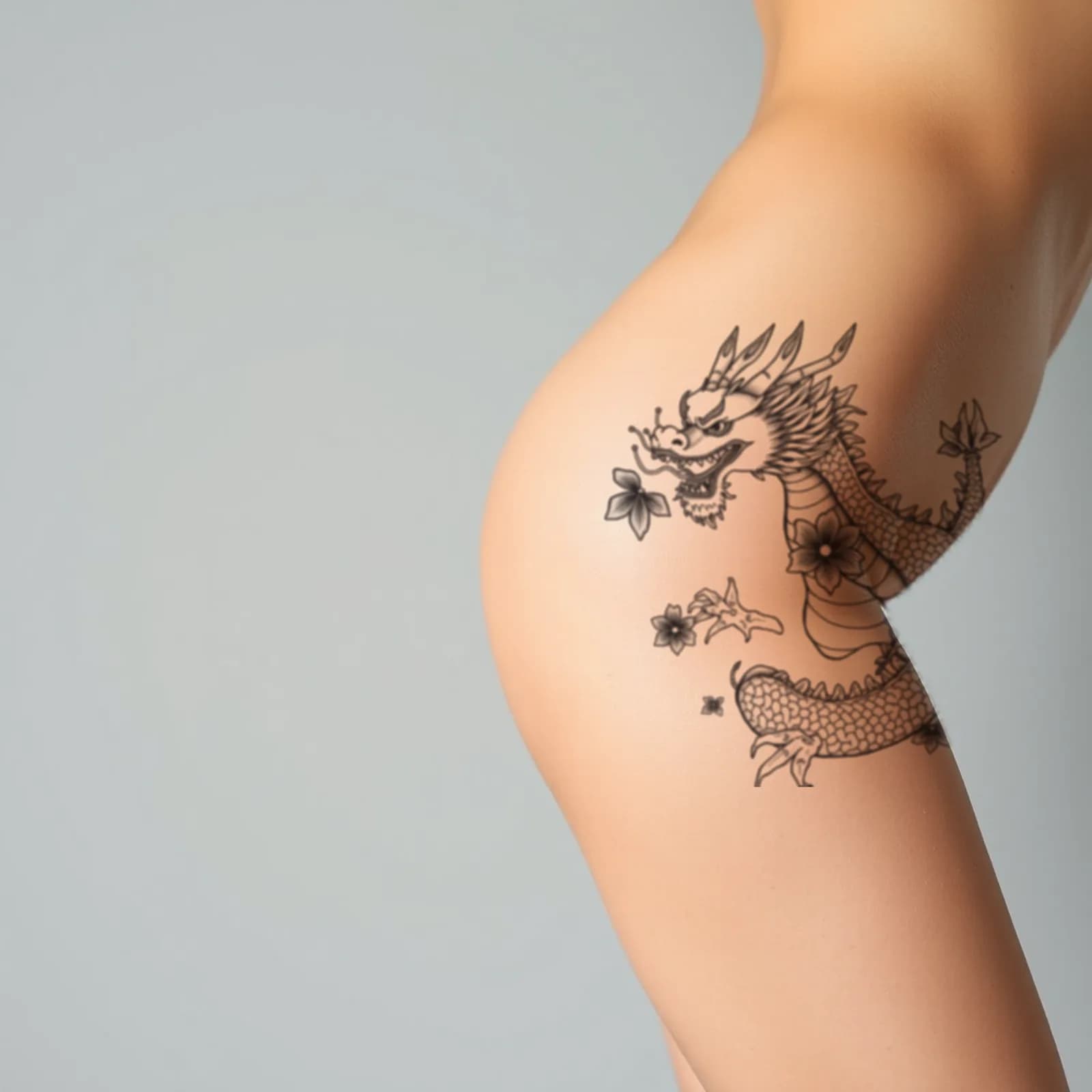 Irezumi Dragon Thigh tattoo shown on the thigh