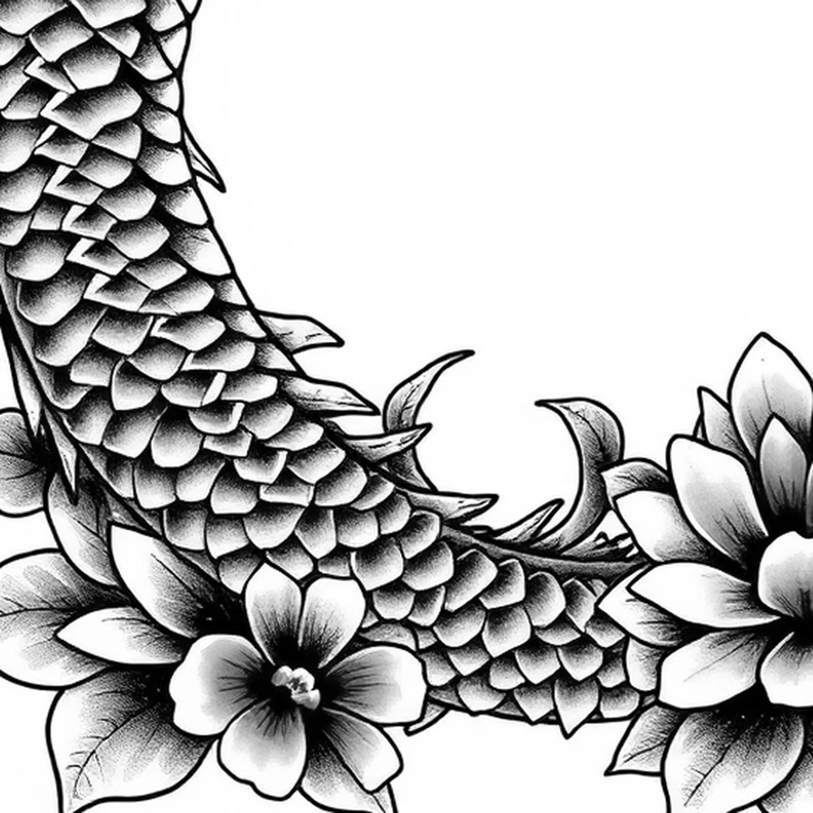 Koi to Dragon Transformation tattoo design, close-up detail
