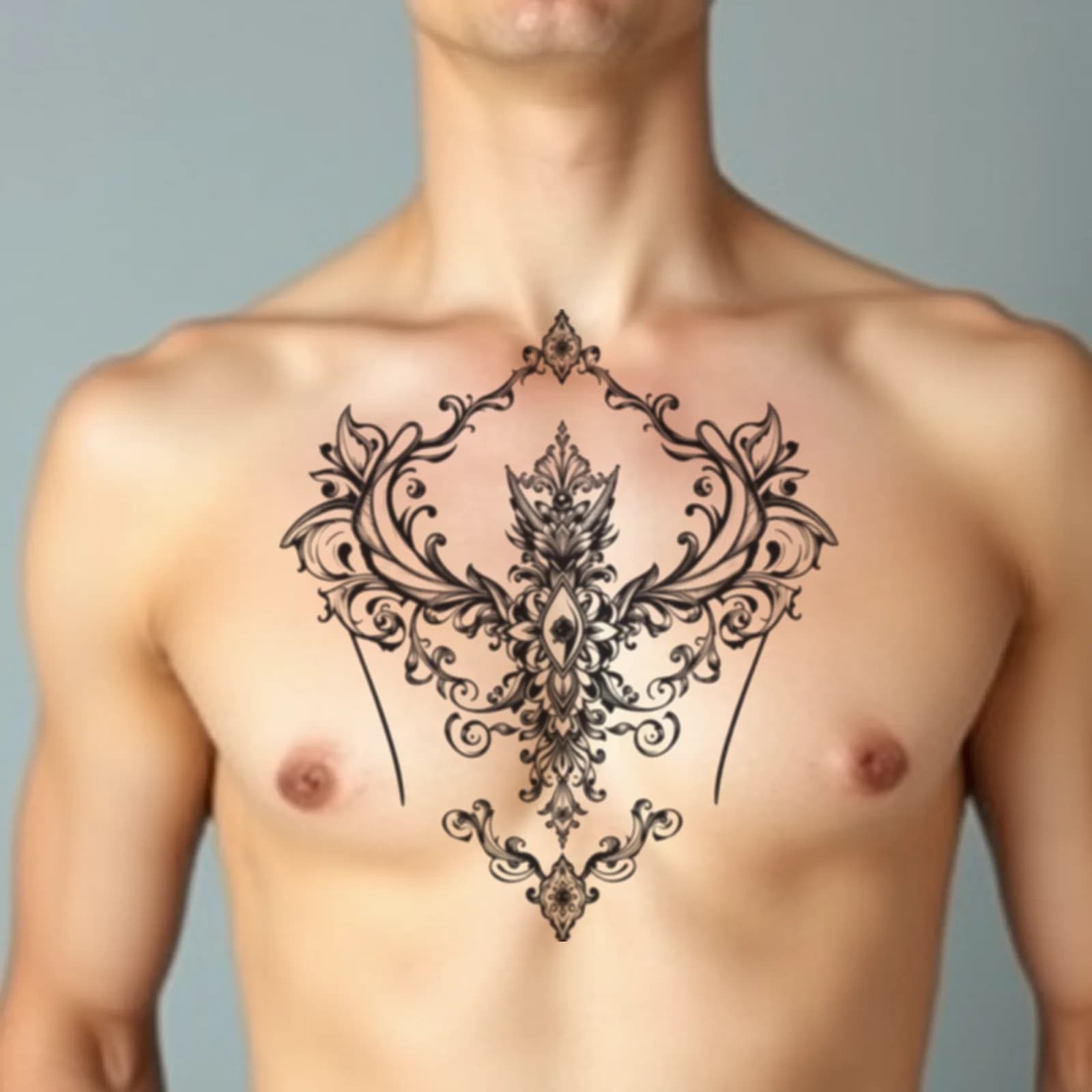 Ornamental Filigree Dragon Sternum tattoo shown on the sternum