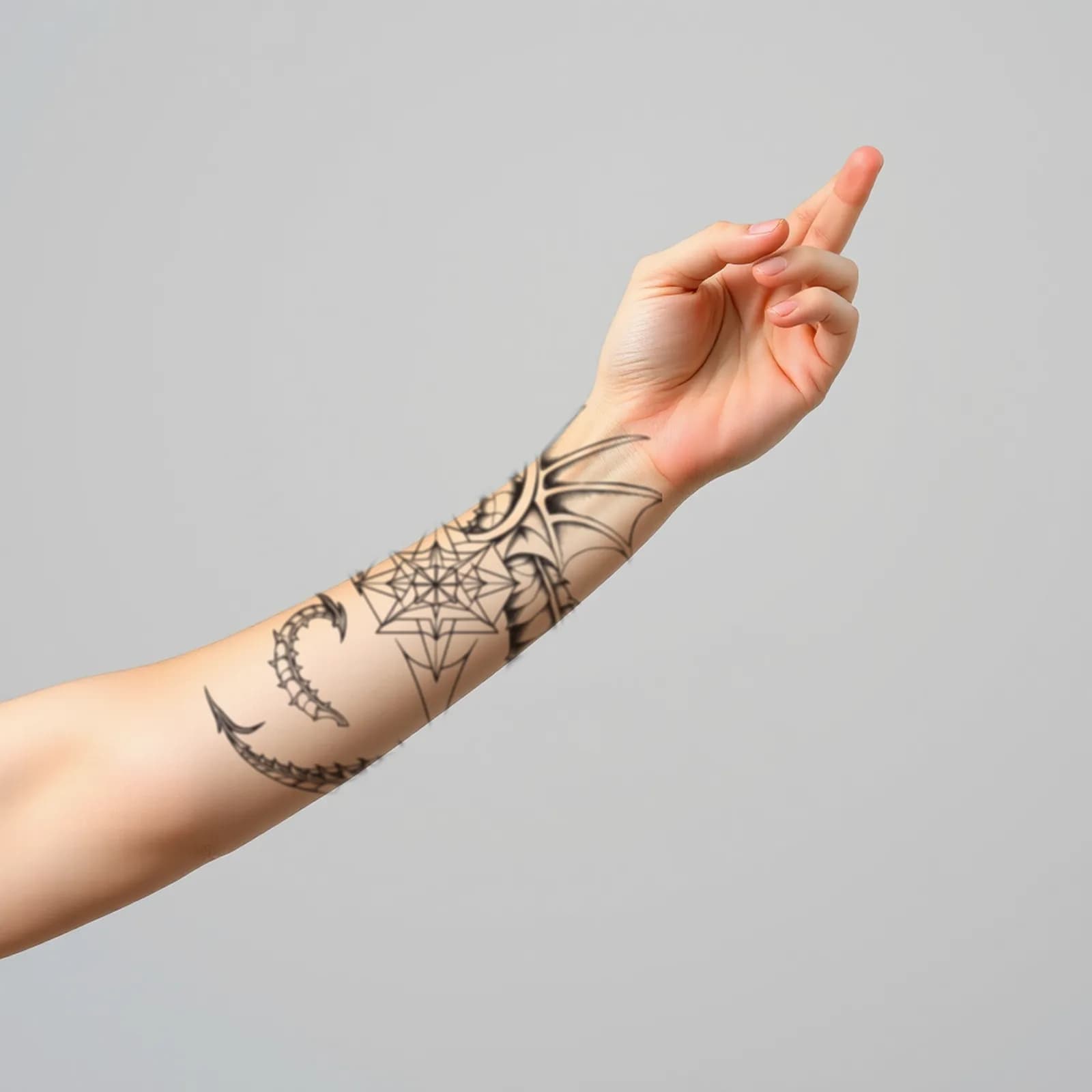Sacred Geometry Dragon tattoo shown on the forearm