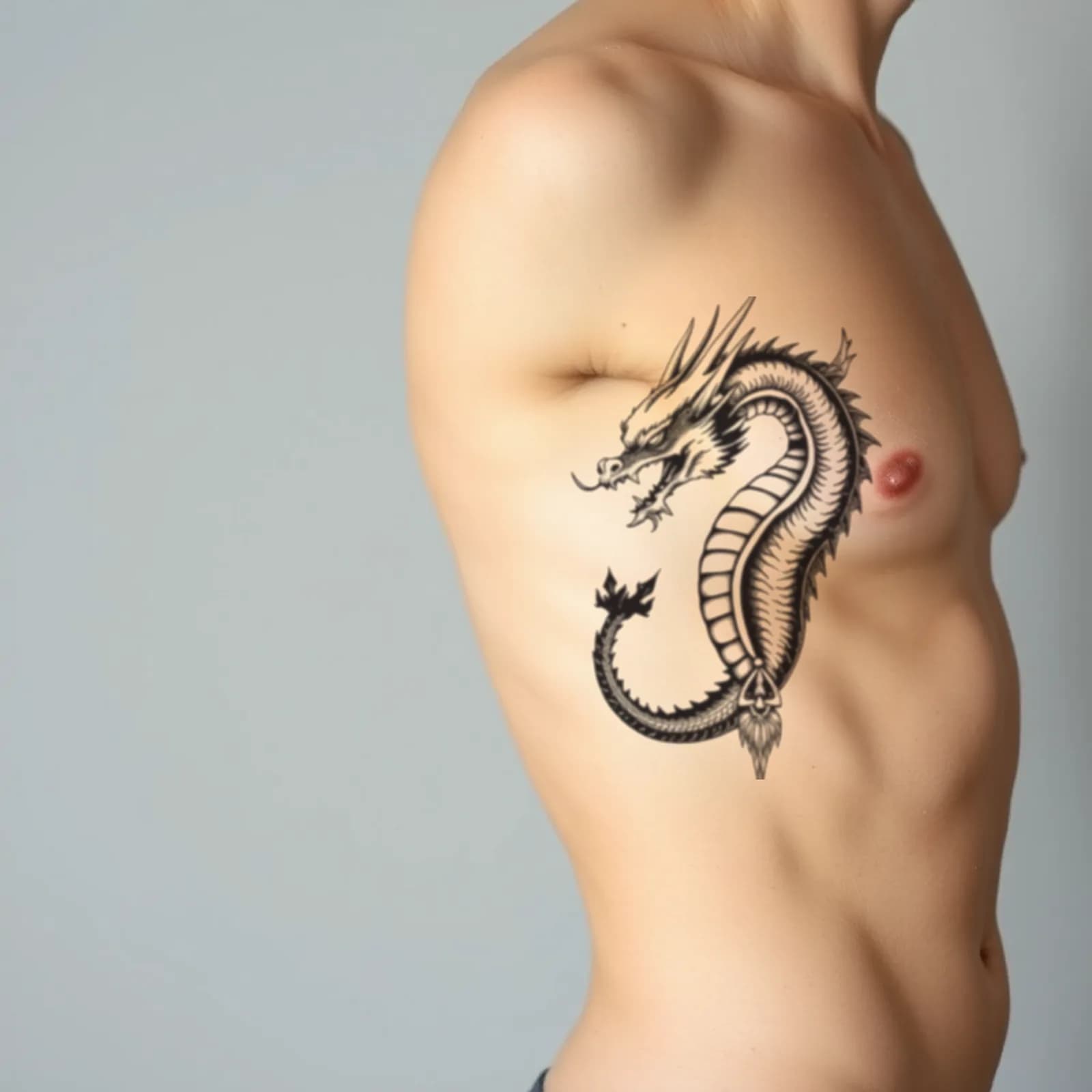 Vertical Rib Dragon tattoo shown on the ribs