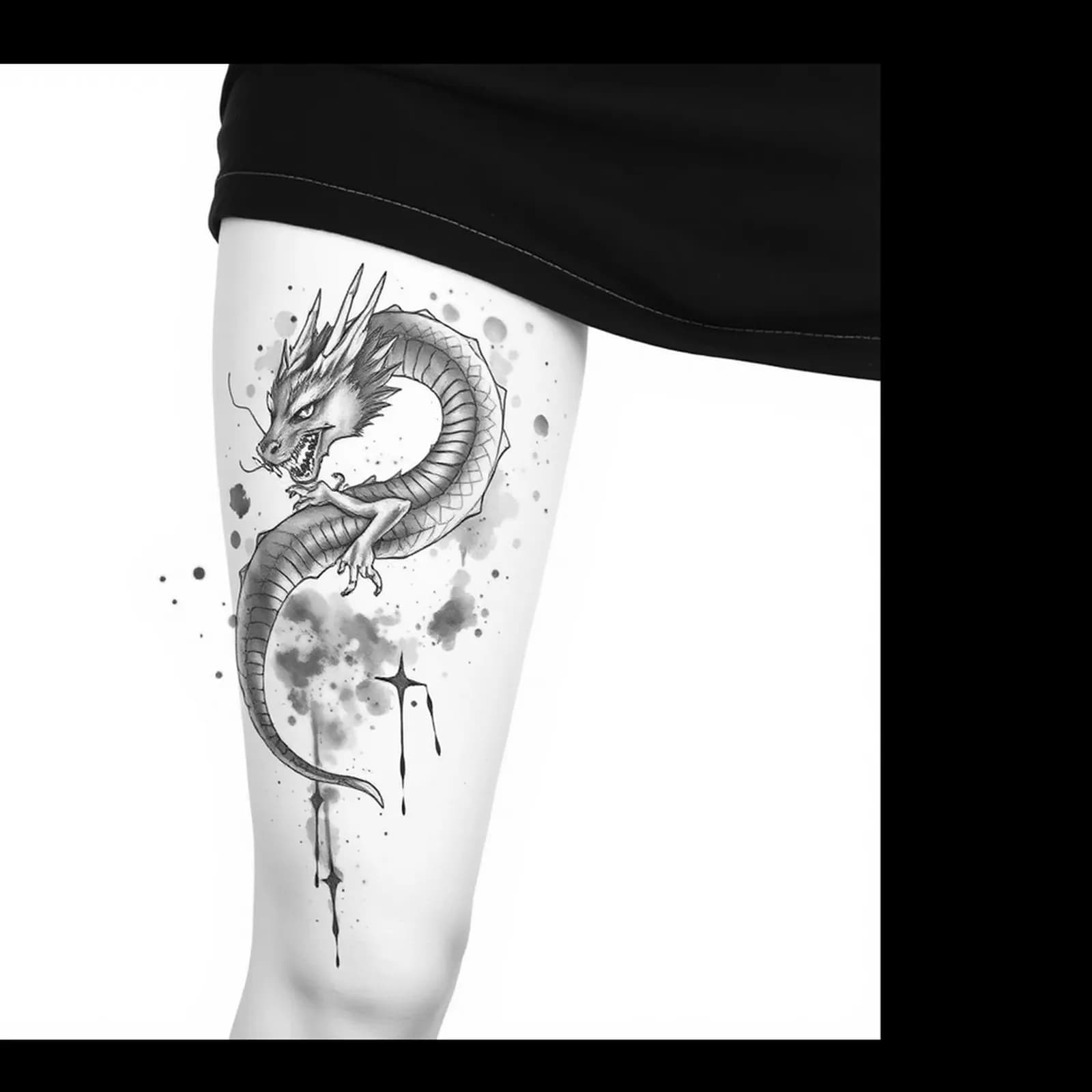 Watercolor Dragon Thigh tattoo design