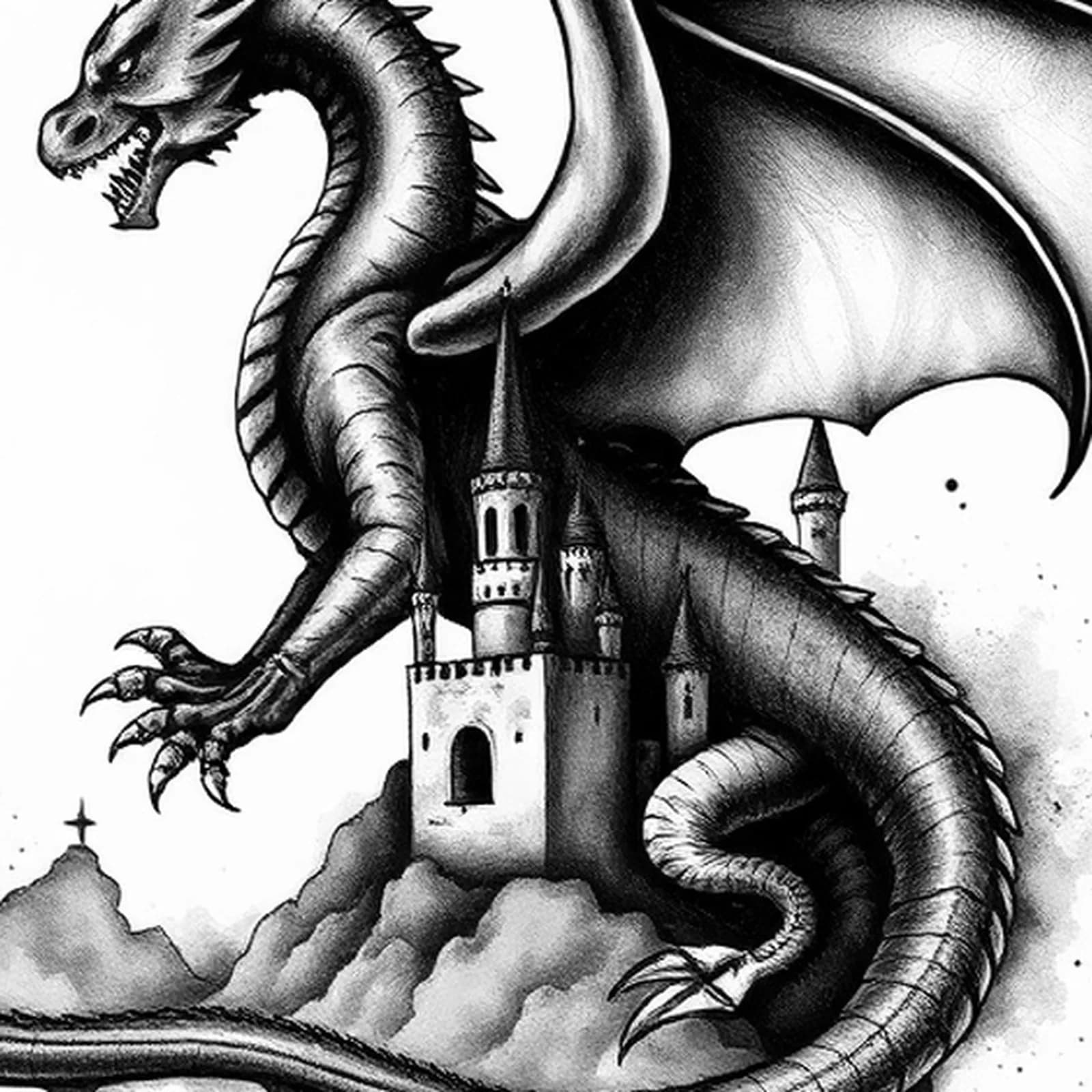 Winged Western Dragon on Back tattoo design, close-up detail