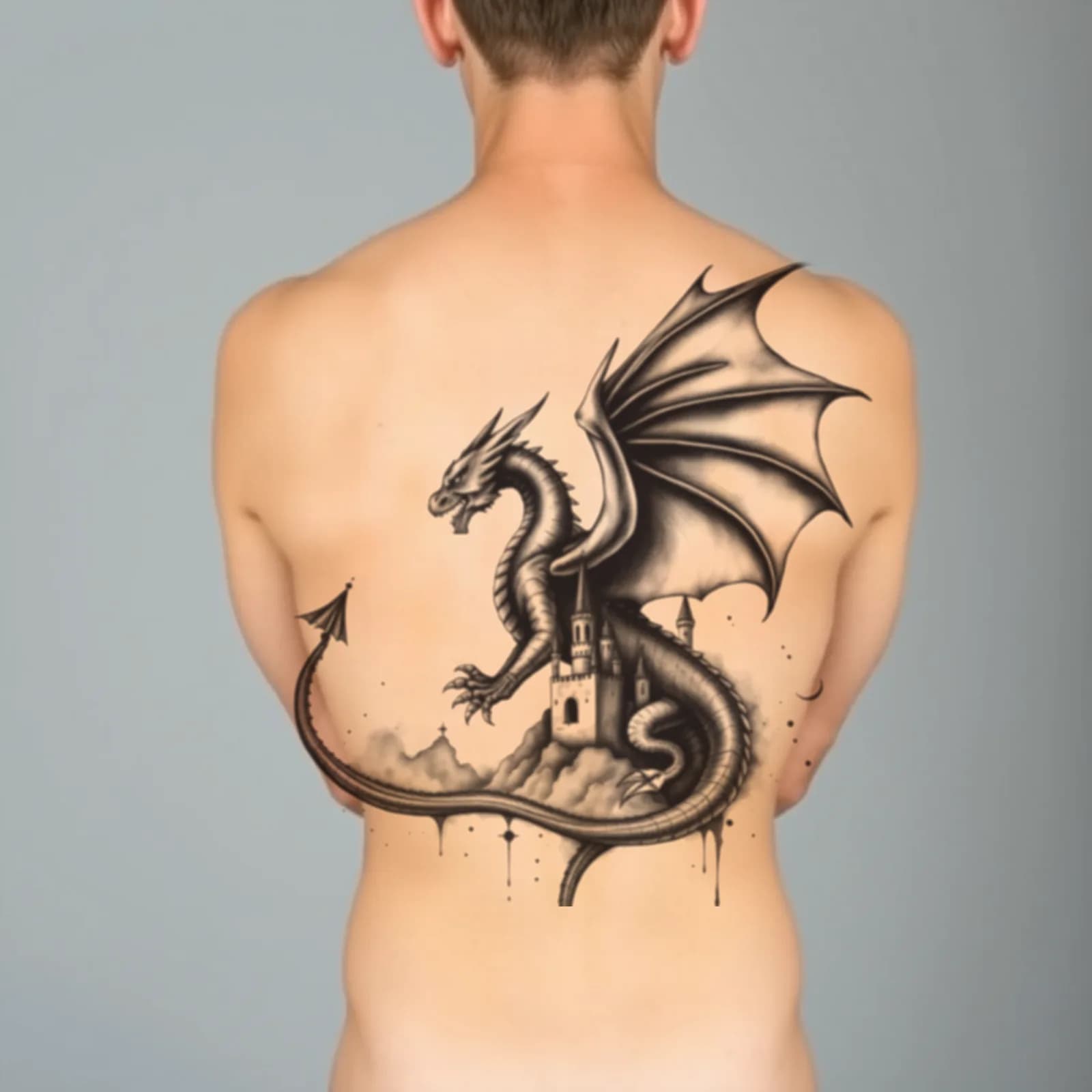 Winged Western Dragon on Back tattoo shown on the back